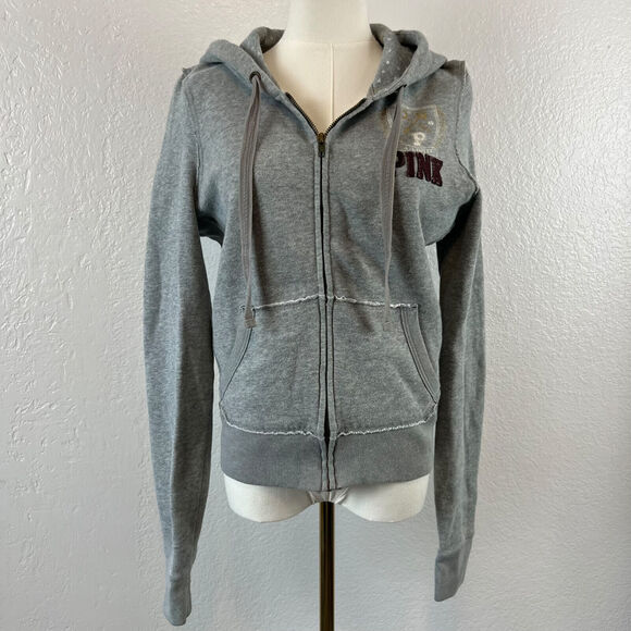 Victoria's Secret Sweaters - Victorias Secret Pink Hoodie Womens Large Grey Full Zip A-Lister Embroidered Y2K
